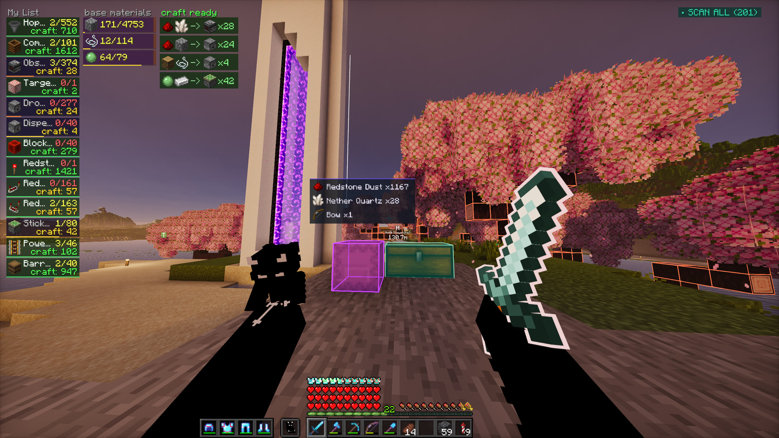 Gather HUD showing goal list and material columns