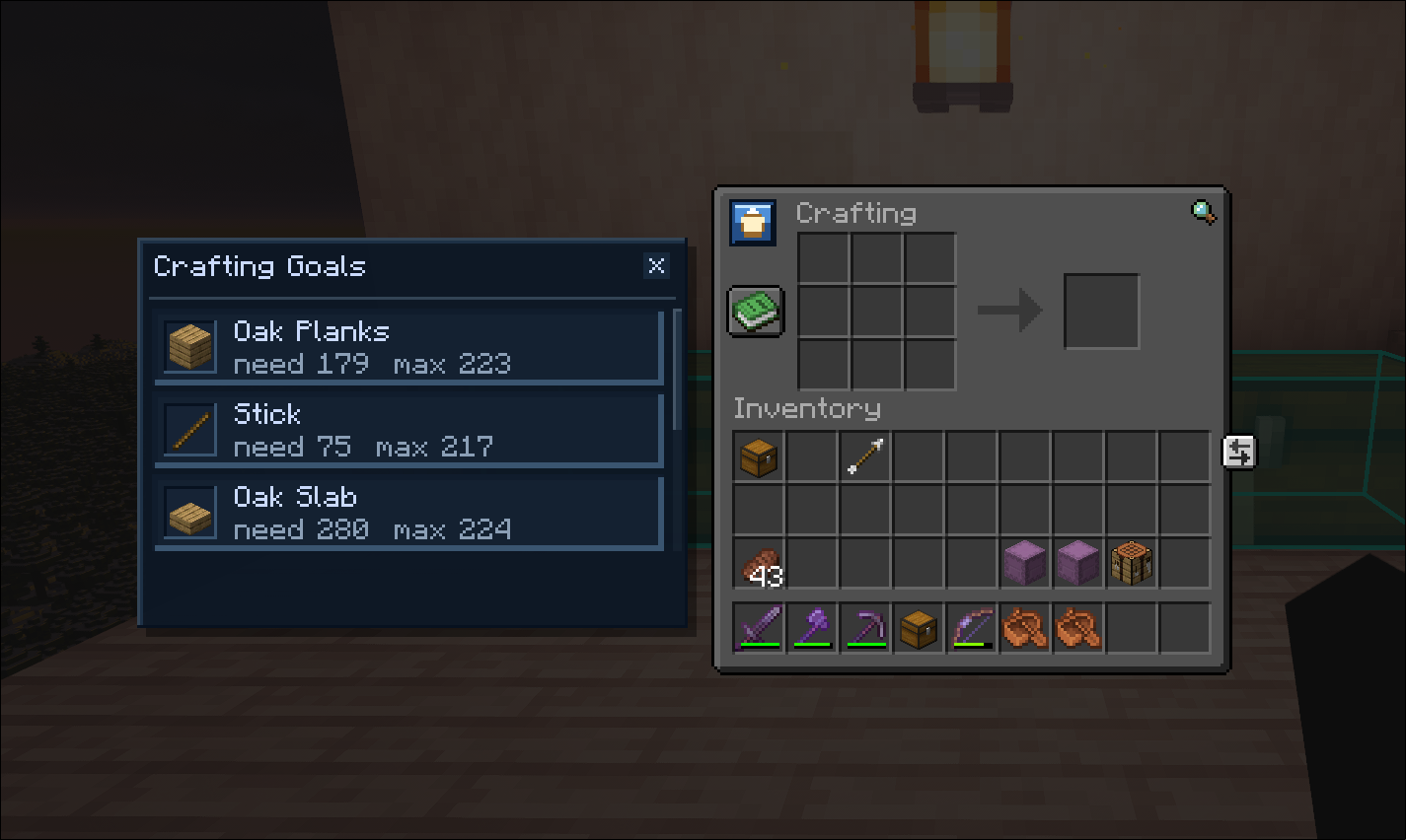 Crafting table showing ready Gather goals