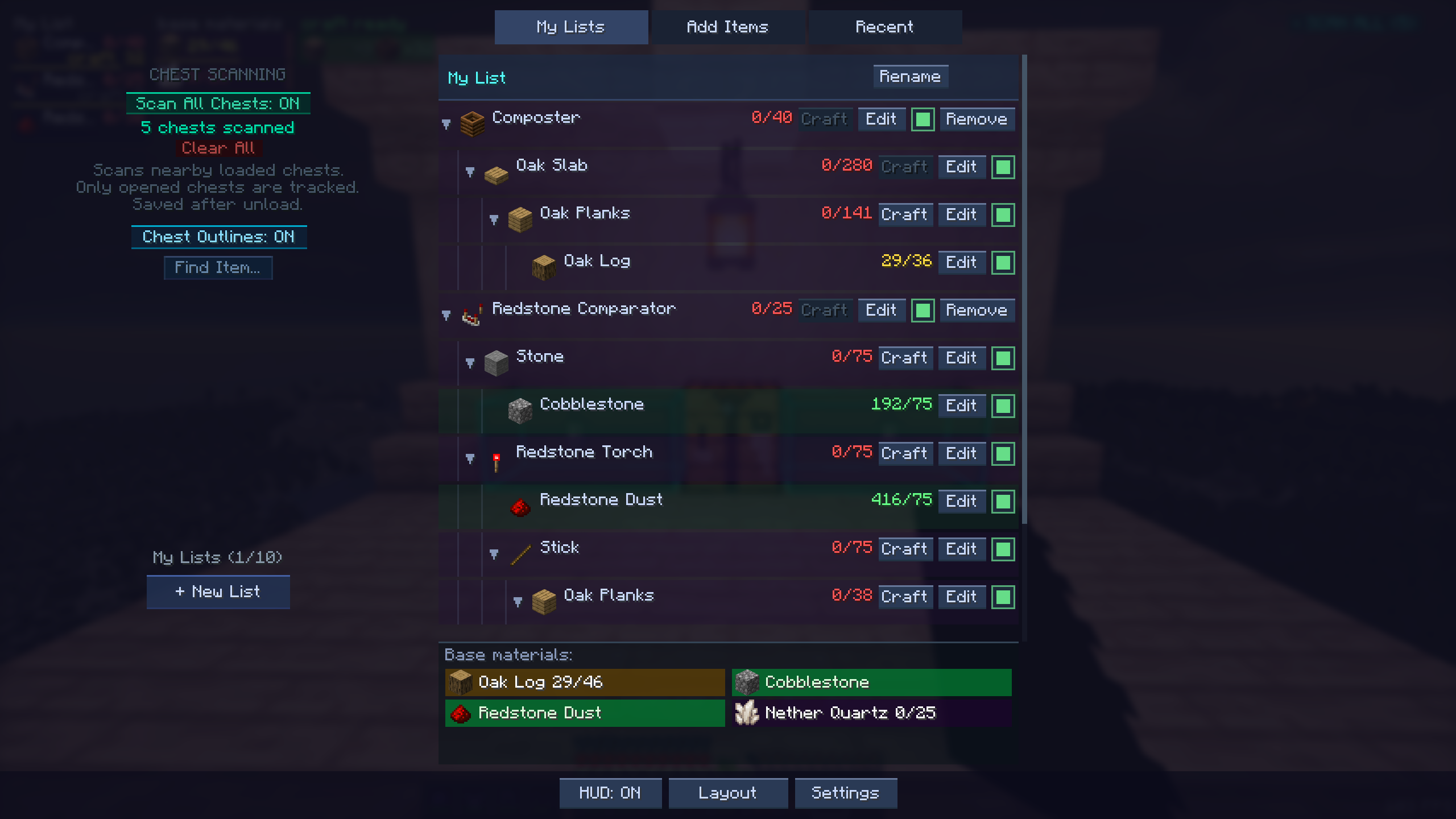 G-menu goal list and material chips