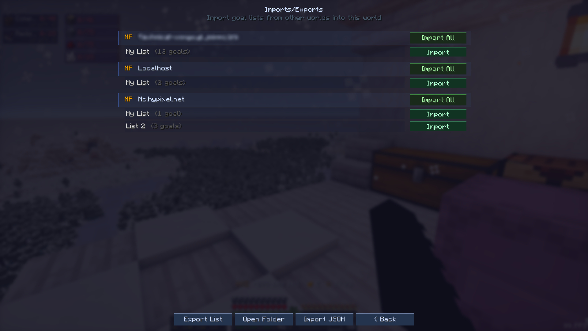 Import and export screen